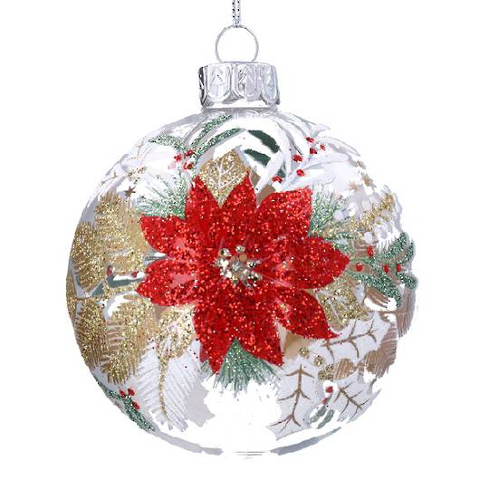 INDENT - Pack 12, Glass Ball Clear, Glitter Poinsettia Posy 8cm